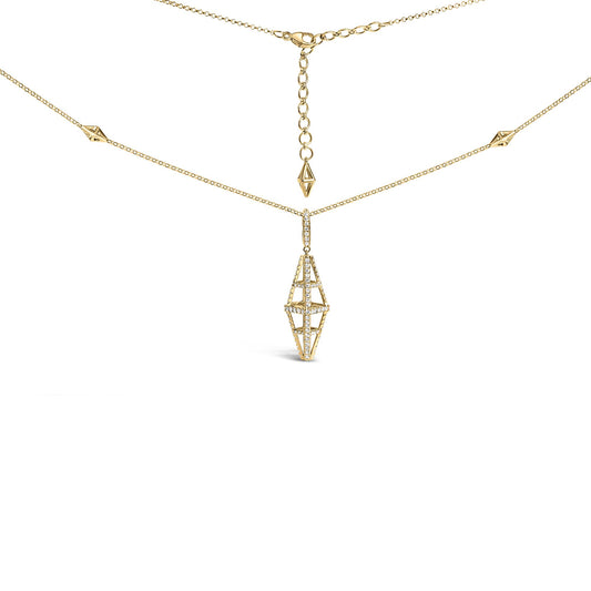 Yellow metal necklace with an abstract geometric pendant encrusted with white gemstones, shown from the front on a white background.