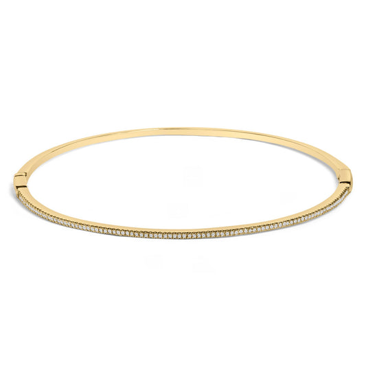 Yellow bracelet with a slim band featuring a row of round white gemstones in prong settings, shown from a slightly elevated front angle on a white background.