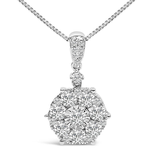 Close-up frontal view of a white metal necklace with a circular pendant featuring one central round white gemstone in a miracle setting, surrounded by multiple round white gemstones in shared prong and prong settings.