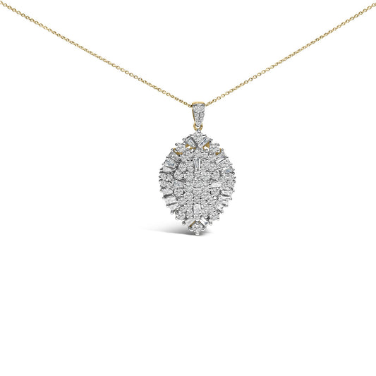 Front view of a necklace pendant shown hanging on a yellow chain, featuring a marquise-shaped cluster of white round and baguette-shaped gemstones with prong settings in mixed yellow and white metal.