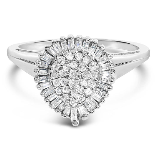 Front-facing shot of a white metal ring with a pear-shaped cluster of round white gemstones in prong settings surrounded by baguette-shaped white gemstones in a channel setting.
