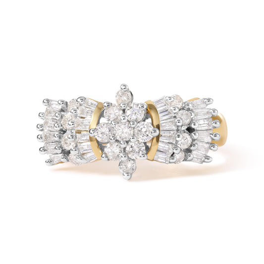 Close-up front angle of a yellow metal ring featuring clusters of round and baguette-shaped white gemstones in prong settings.