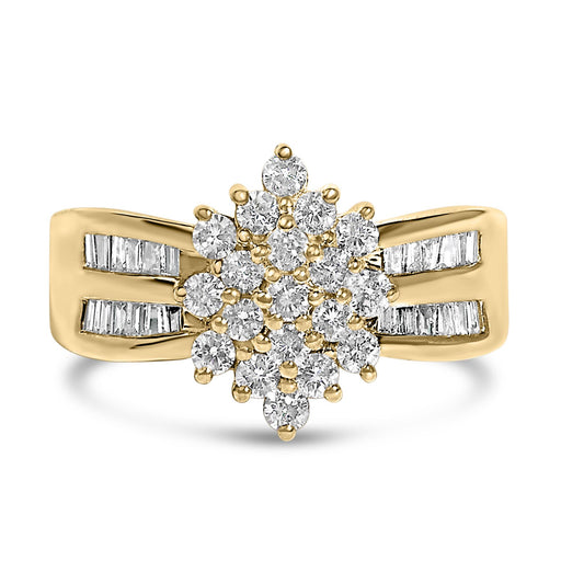 Front view of a yellow metal ring with a cluster of round white gemstones in prong settings at the center and two rows of baguette white gemstones in channel settings on each side of the band.
