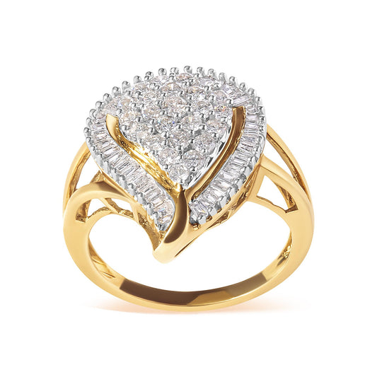 Yellow metal ring with cluster of prong-set round white gemstones in the center and prong-set baguette white gemstones surrounding it, shown in a frontal angled view.