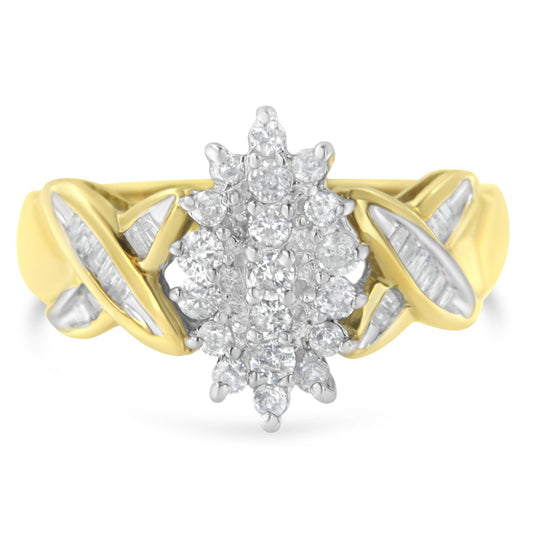 Front view of a yellow metal ring featuring a cluster of round white gemstones in prong setting at the center, flanked by baguette white gemstones in channel setting integrated into the band design.