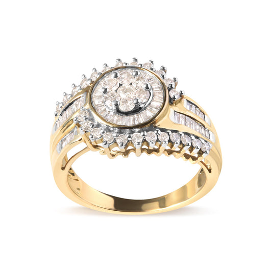 Yellow ring with round prong-set and baguette channel-set white gemstones, shown from a front angle.
