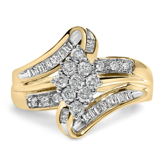 Yellow metal ring with a cluster of round white gemstones in prong settings at the center, flanked by curved rows of channel-set baguette white gemstones, shown from a front angle.