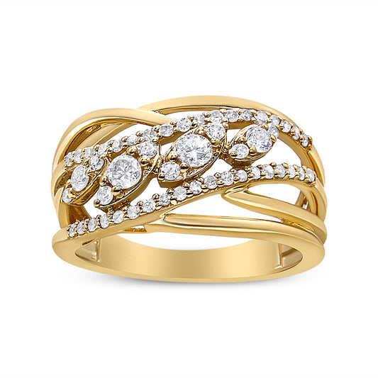 Close-up front angle of a yellow ring with intertwined bands and multiple round white gemstones in prong settings.