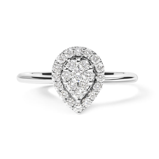 Front-facing view of a white metal ring with a pear-shaped cluster of round white gemstones in prong settings.