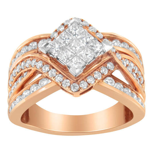 Front-facing shot of a ring with white and rose metal featuring a square cluster of princess-shaped white gemstones in an invisible setting, surrounded by multiple rows of round white gemstones in a channel setting.
