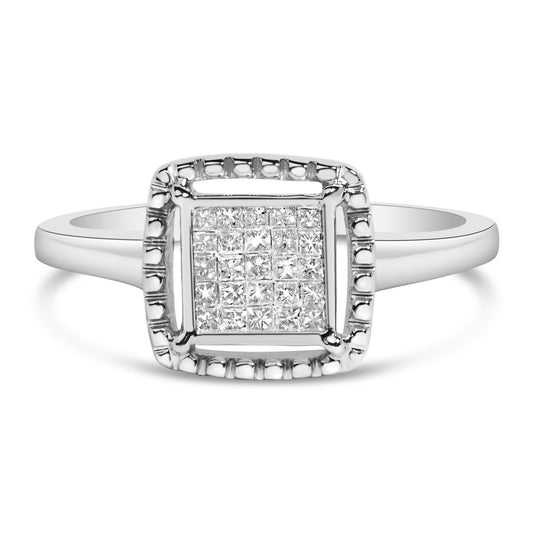 Front-facing close-up of a white metal ring with a square cluster of princess-shaped white gemstones in an invisible setting.