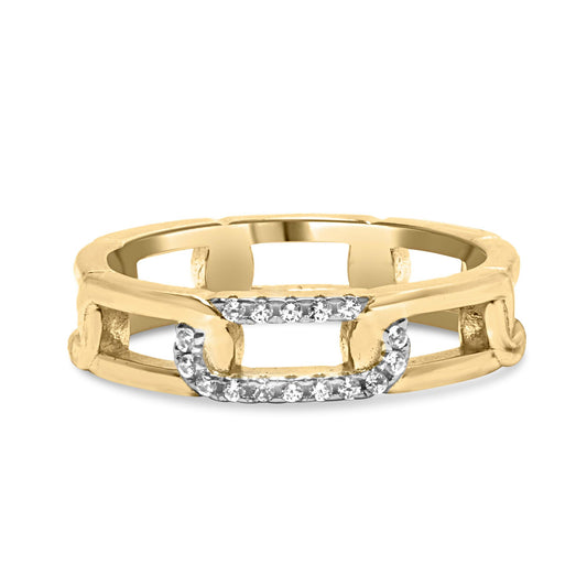 Front-facing close-up of a yellow metal ring featuring an open design with two rows of channel-set round white gemstones.