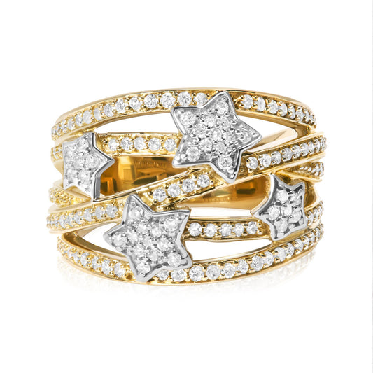 Close-up front angle of a yellow metal ring with multiple bands, featuring white gemstones in prong settings along the bands and star-shaped clusters of white gemstones on top.