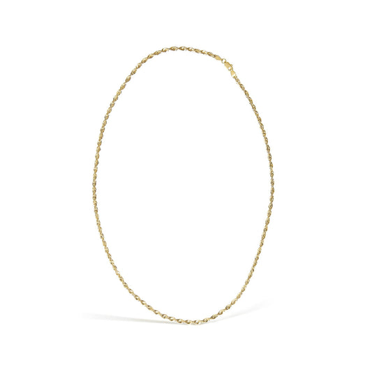 Yellow metal twisted rope chain necklace shown flat on a white background, front view.