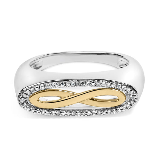 Front angle view of a ring featuring a smooth white band with a yellow infinity symbol in the center, surrounded by a border of small white gemstones set in a shared prong setting.