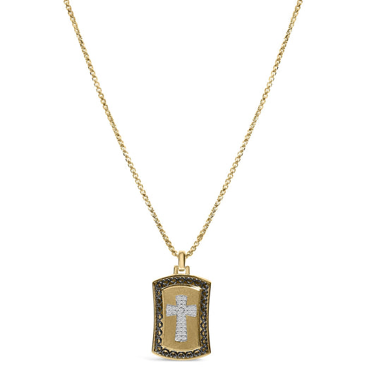 Front view of a yellow, white, and black metal necklace with a rectangular pendant featuring a white gemstone pave cross design in the center.