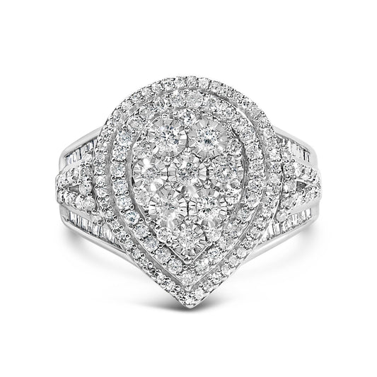 Front view of a white metal ring with a pear-shaped cluster of round prong-set white gemstones in the center, surrounded by two rows of smaller round white gemstones, with baguette white gemstones channel-set along the split shank.