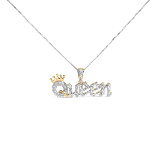 Front view of a necklace pendant spelling 'Queen' with white gemstones set in prong style on letters, accented by yellow and white metal and a small crown detail above the 'Q,' shown on a chain against a white background.