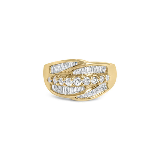 Front angle view of a yellow metal ring featuring a row of round white gemstones in shared prong setting across the center, flanked by multiple rows of baguette-shaped white gemstones in channel settings.
