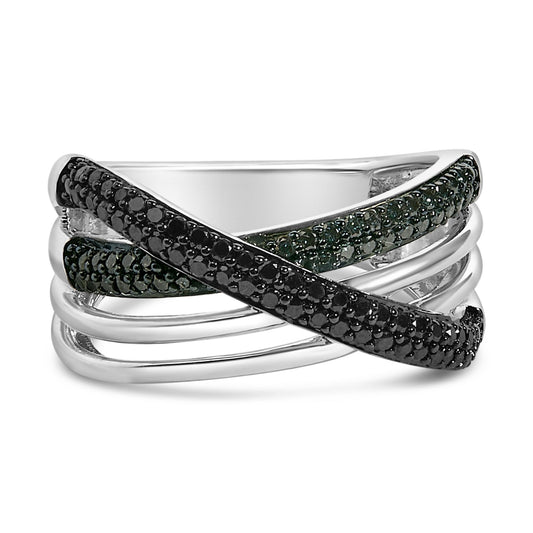 Close-up front view of a ring with multiple overlapping bands in white and black metal. Two bands are set with round black gemstones in prong settings, crossing each other diagonally. The other metal bands are plain and smooth.