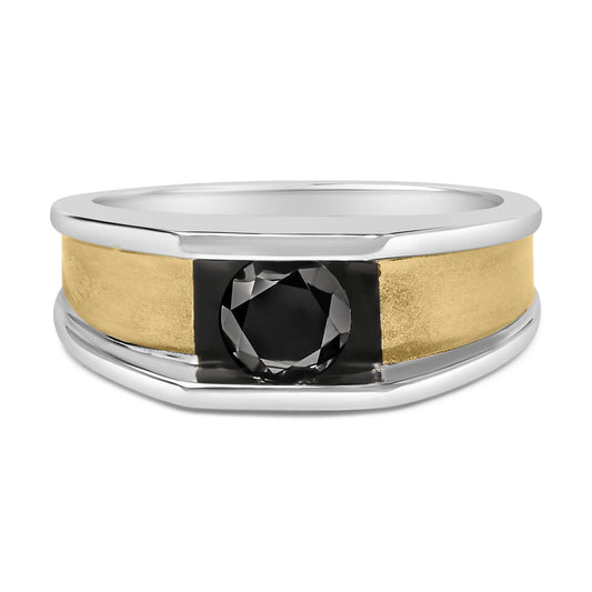 Front view of a ring featuring yellow, white, and black metal colors with a single round black gemstone in a channel setting.