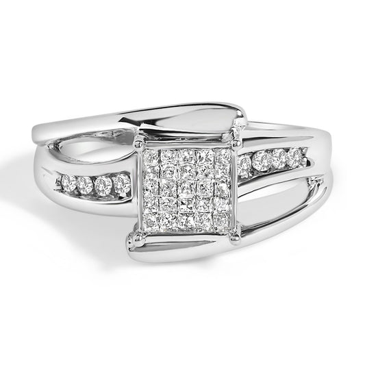 White ring with a square cluster of princess-cut white gemstones in invisible setting and round white gemstones in channel setting on each side, front angle.