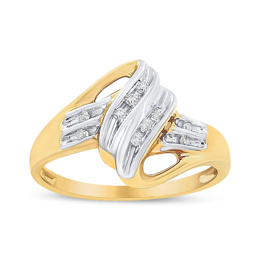 Two-toned ring with curved, wave-like design featuring round white gemstones in channel settings, shown from a front angle.