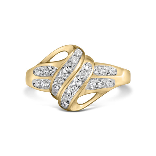 Yellow ring with a swirling design featuring multiple rows of round white gemstones in a channel setting, shown in a front angle view.