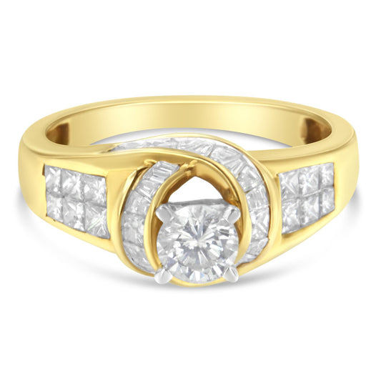 Close-up front angle of a yellow and white ring featuring a round white gemstone in a prong setting at the center, surrounded by a swirl of baguette-shaped white gemstones in channel settings, with square clusters of princess-shaped white gemstones set on both shoulders.