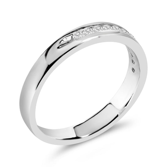 White metal ring with a channel setting of round white gemstones, shown at a slight angle.