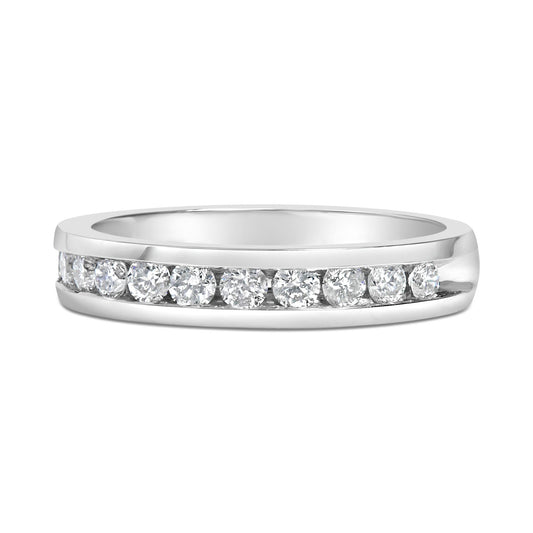Close-up side view of a white metal ring with round white gemstones set in a channel along the band.