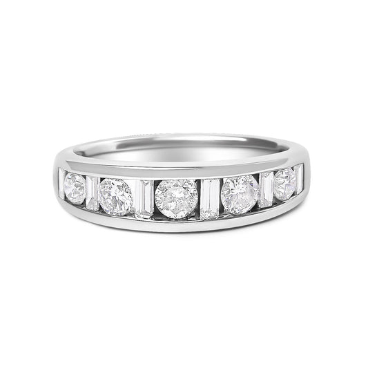 Close-up front angle of a white metal ring featuring channel-set round and baguette white gemstones alternating around the band.