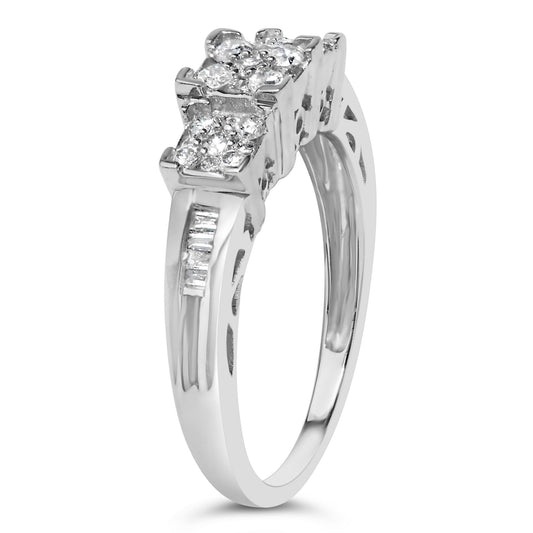 White metal ring with round and baguette-shaped white gemstones in pave and channel settings, shown at a slight angle.