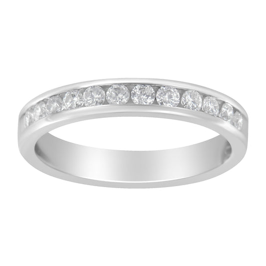 Close-up front angle of a white metal ring with a channel setting featuring round white gemstones.