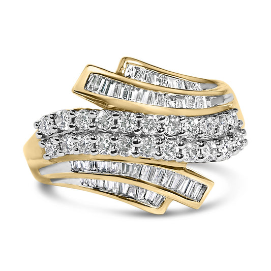 Yellow metal ring with intertwined bands featuring round white gemstones in prong setting and baguette white gemstones in channel setting, shown in a front-angle close-up shot.