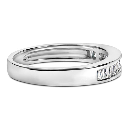 White ring with a channel set row of baguette-shaped white gemstones viewed from a slight top angle.