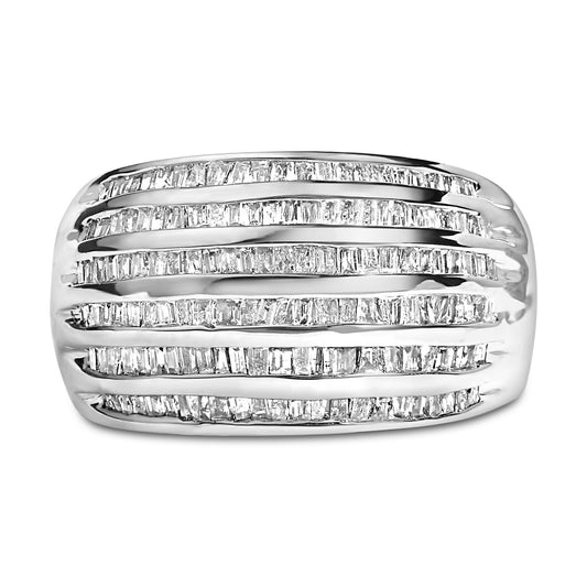 Front-facing view of a white metal ring featuring multiple horizontal rows of channel-set baguette-shaped white gemstones.