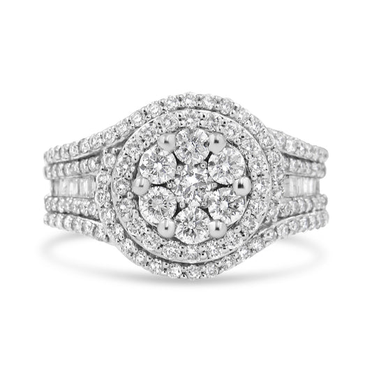 Front angle of a white metal ring featuring a cluster of round white gemstones in prong settings at the center, surrounded by two halos of smaller round white gemstones, with rows of channel-set baguette white gemstones on the shoulders.