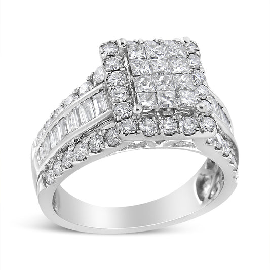 White metal ring with multiple round, princess, and baguette white gemstones in prong, invisible, and channel settings, shown at a three-quarter angle.
