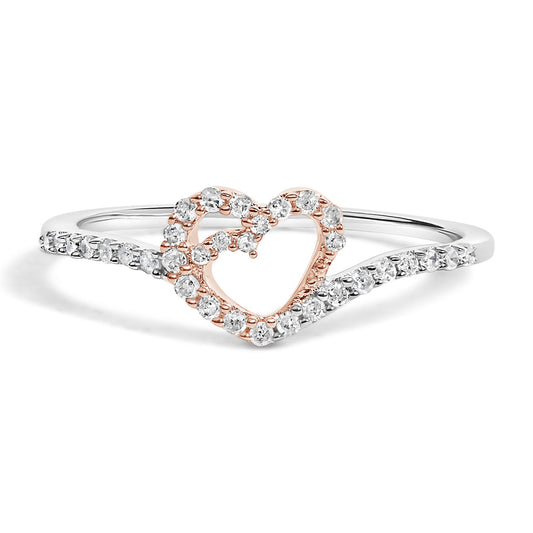Front angle of a white and rose metal ring featuring a rose-colored heart outline adorned with round white gemstones in prong settings, with additional round white gemstones set along the white band.