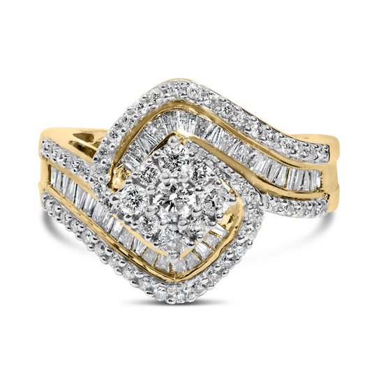 Front-facing view of a yellow metal ring featuring a twisted design with multiple rows of white round and baguette-shaped gemstones in prong and channel settings.