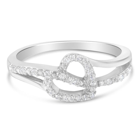 White metal ring with an open loop design accented with round white gemstones in prong settings, shown at a slight angle.
