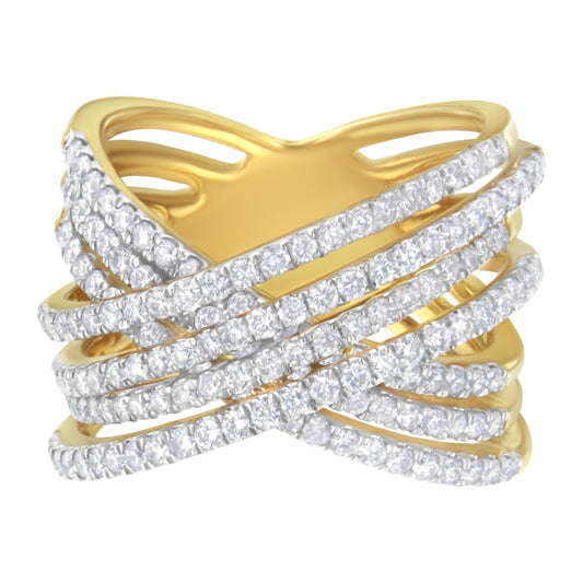 Yellow metal ring with multiple overlapping bands set with small white round gemstones, shown in a close-up front angle.