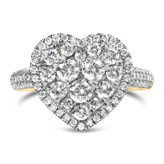 Front-facing close-up of a yellow ring with a heart-shaped cluster of round white gemstones in prong settings and additional round white gemstones along the band.
