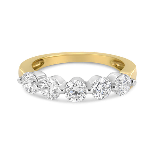 Two-toned ring with five round white gemstones in 2-prong settings, shown at a slight front angle.