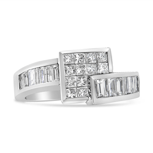 White metal ring with a geometric design featuring baguette-shaped white gemstones in channel settings and princess-shaped white gemstones in invisible settings, shown in a close-up angled view.
