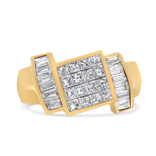 Close-up front angle of a yellow ring featuring a central square cluster of white princess-shaped gemstones with an invisible setting, flanked by rows of white baguette-shaped gemstones in a channel setting.
