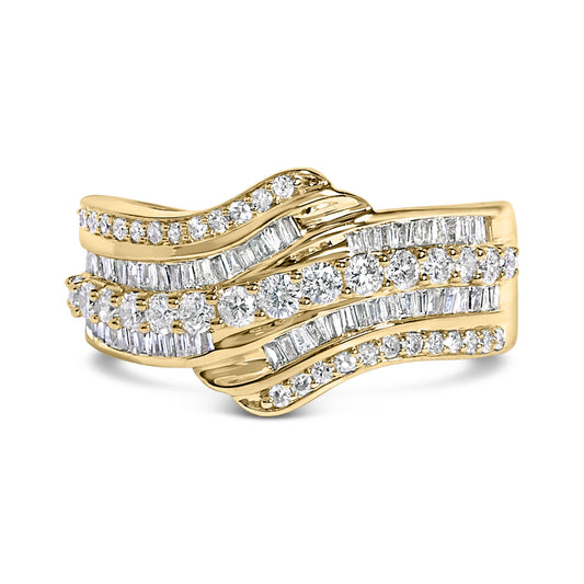 Close-up front view of a yellow metal ring featuring wavy rows of white round gemstones in prong settings and white baguette gemstones in channel settings.