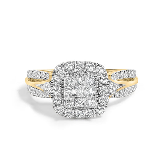 Close-up front angle of a yellow metal ring featuring a square cluster of princess-shaped white gemstones in the center, surrounded by multiple rows of round white gemstones in pave settings, with additional round white gemstones set along the split band.