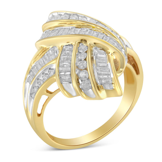 Yellow metal ring with channel-set white round and baguette gemstones, shown at a tilted angle.